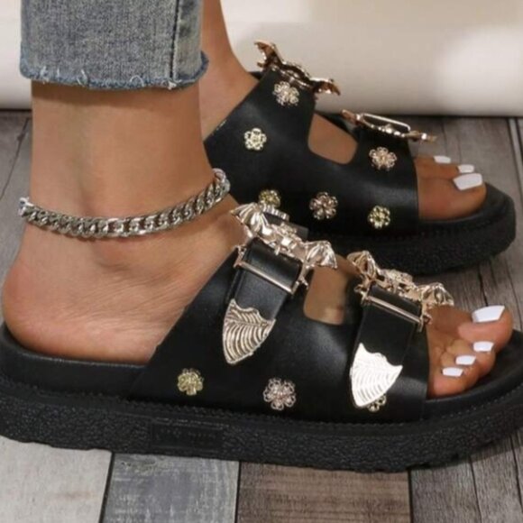 Jadu Size 8 Faux Leather Bat Buckle Dad Sandals Women's Slip On Mules Black - Picture 2 of 7